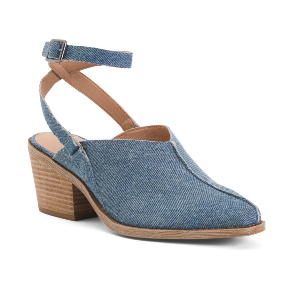 Lucky Brand Winola Ankle Strap Wedge Mules Medium Blue Denim Women’s Size 6